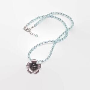 Blue Glass Bead Sterling Silver Floral Pendant Necklace